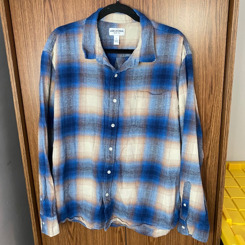 Arizona Jean Co Flannel Shirt Mens XL Blue Plaid Long Sleeve Button Down Cotton